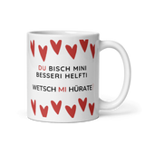 Afbeelding in Gallery-weergave laden, Besseri helfti - Wetsch mi hürate - Tasse/Becher mit Härzli