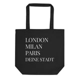 Load image into Gallery viewer, Deine Stadt (London Milan Paris)  - Tragetasche Shopper Eco 50,8 × 35,6 cm  Bio Tote Bag schwarz